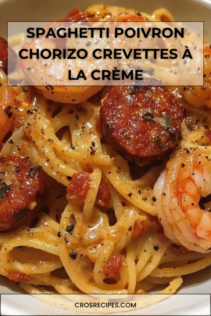 Assiette de spaghetti crémeux aux poivrons rouges, chorizo et crevettes, nappés d’une sauce onctueuse.