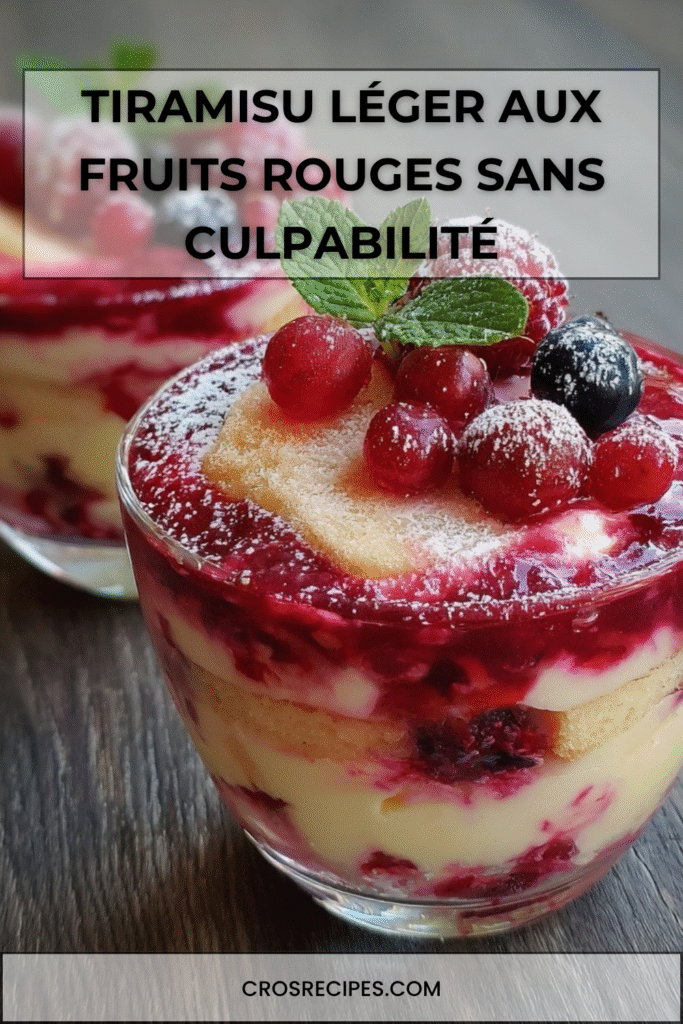 Verrines de tiramisu léger aux fruits rouges, superposées de crème blanche, biscuits imbibés et fruits rouges frais.