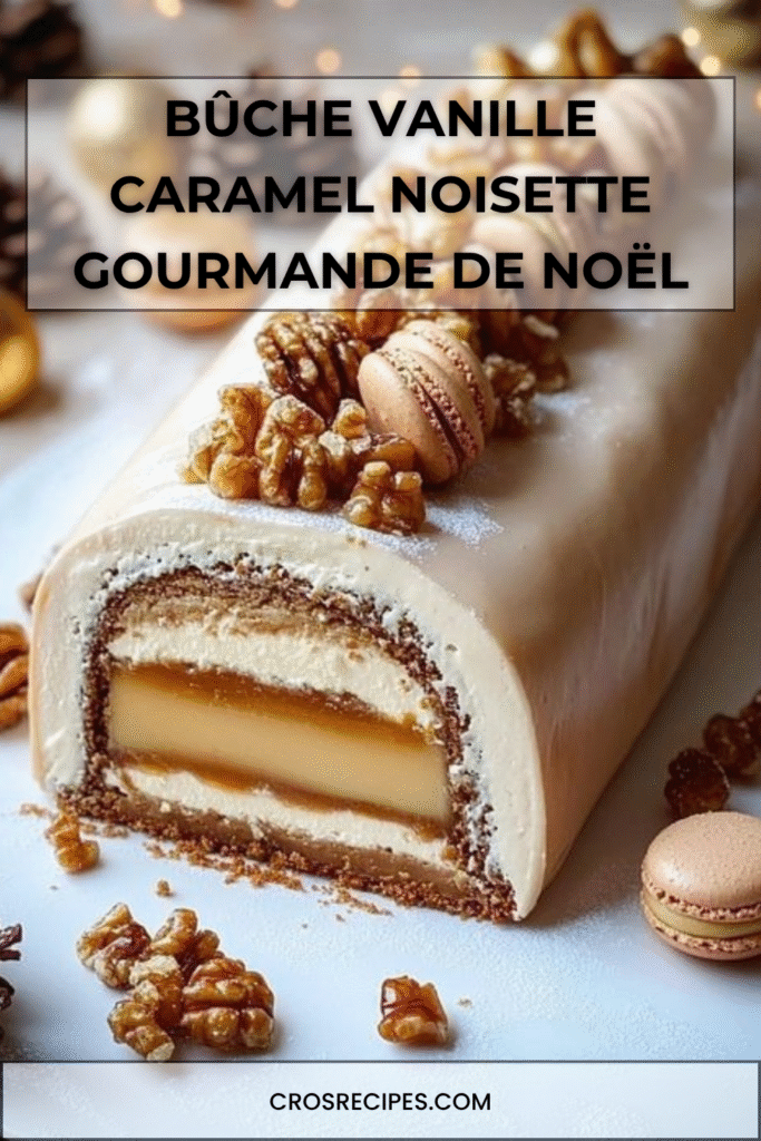 Bûche de Noël à la vanille, caramel et noisettes décorée de macarons et de noix sur un plateau festif.