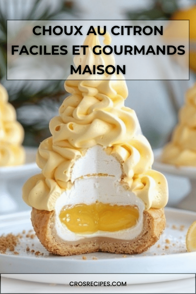 Choux au citron avec coque chocolatée jaune, base biscuitée croustillante et mousse légère au citron.