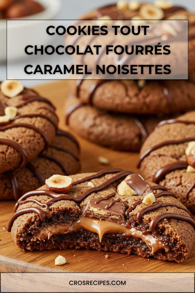 Cookieschocolat fourrés au caramel fondant et parsemés de noisettes hachées.