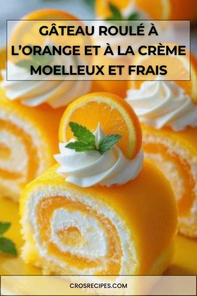Gâteau roulé moelleux parfumé à l’orange, garni de crème et décoré de tranches d’orange.