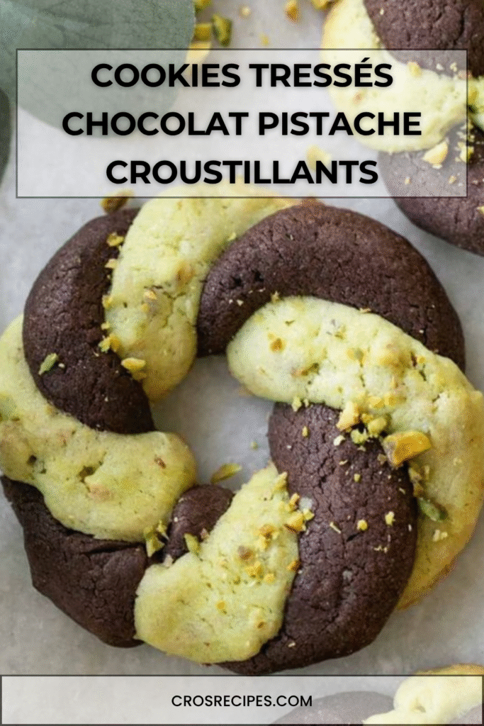 Cookies tressés bicolores chocolat pistache en forme de couronnes dorées et torsadées.