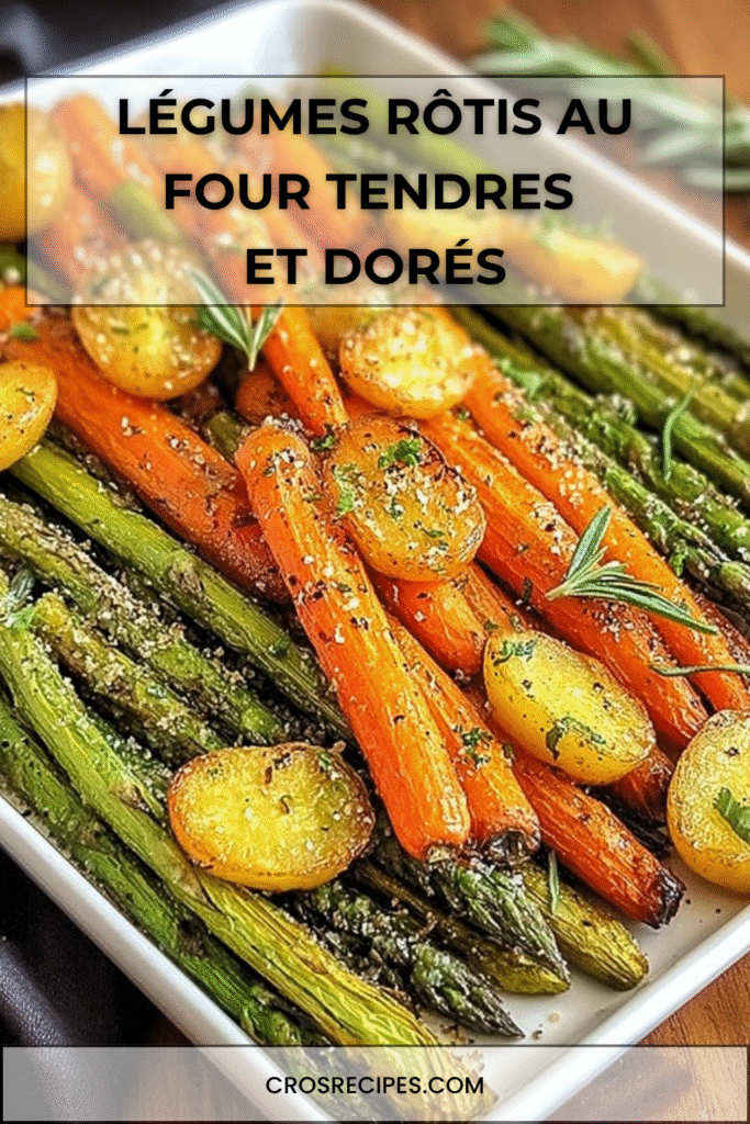 Assortiment de légumes rôtis au four, asperges, carottes et pommes de terre dorées avec herbes et fleur de sel.
