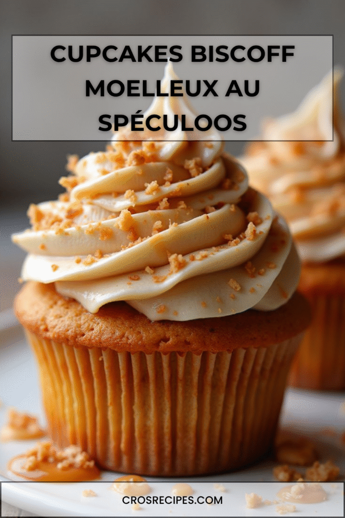 Cupcakes Biscoff au spéculoos décorés d’un glaçage Biscoff tourbillonné et de miettes de biscuits.