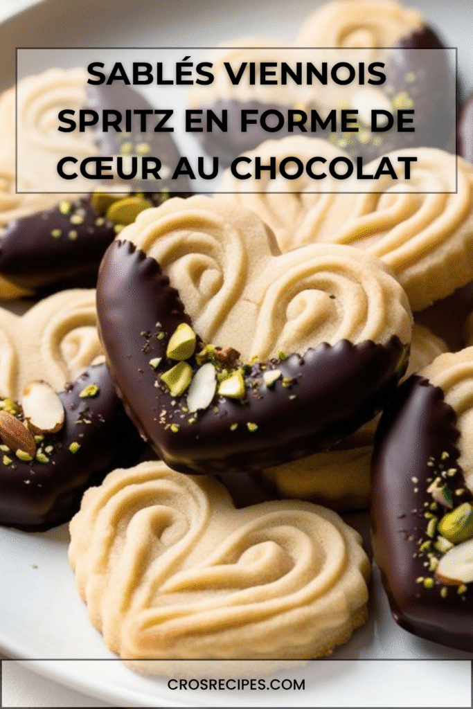 Sablés viennois en forme de cœur, trempés dans le chocolat noir et décorés de pistaches et d’amandes.