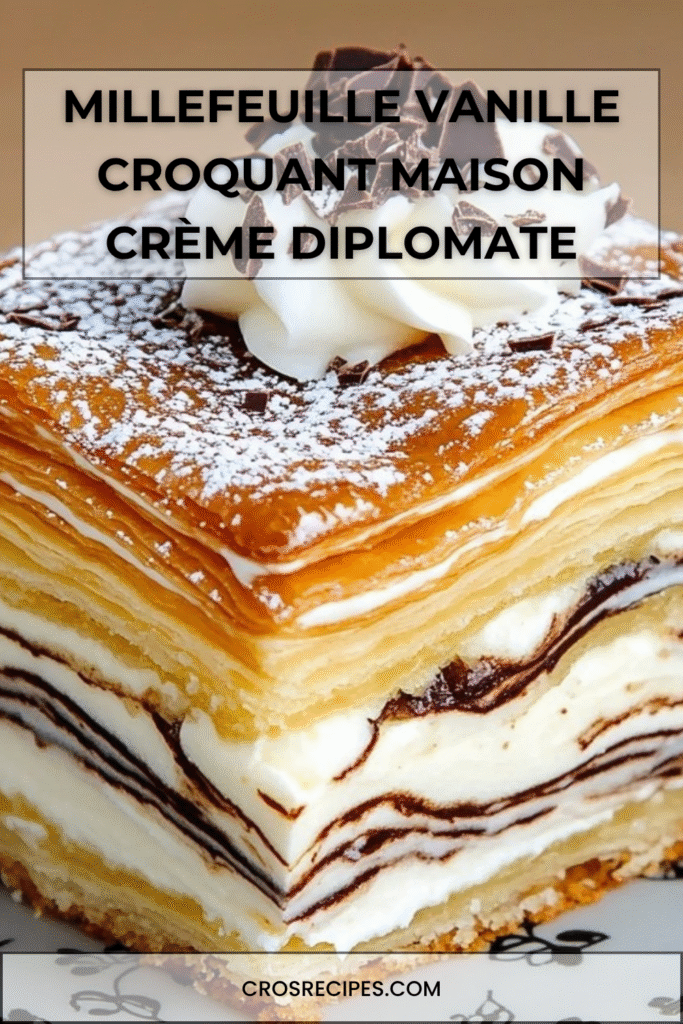 Millefeuille vanille maison composé de trois couches de pâte feuilletée et de crème diplomate onctueuse, saupoudré de sucre glace.