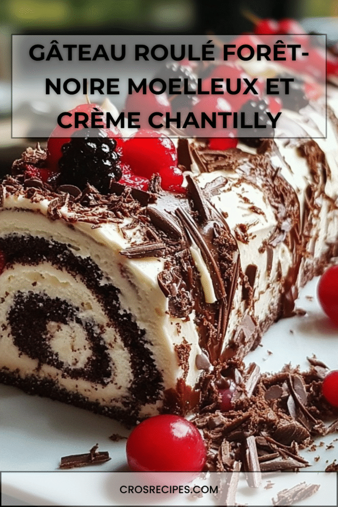 Gâteau roulé Forêt-Noire garni de chantilly, cerises et copeaux de chocolat noir.