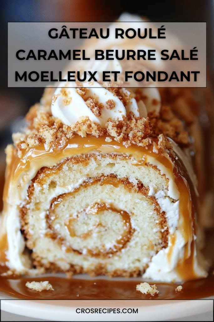 Gâteau roulé garni de crème caramel au beurre salé et nappé de caramel.