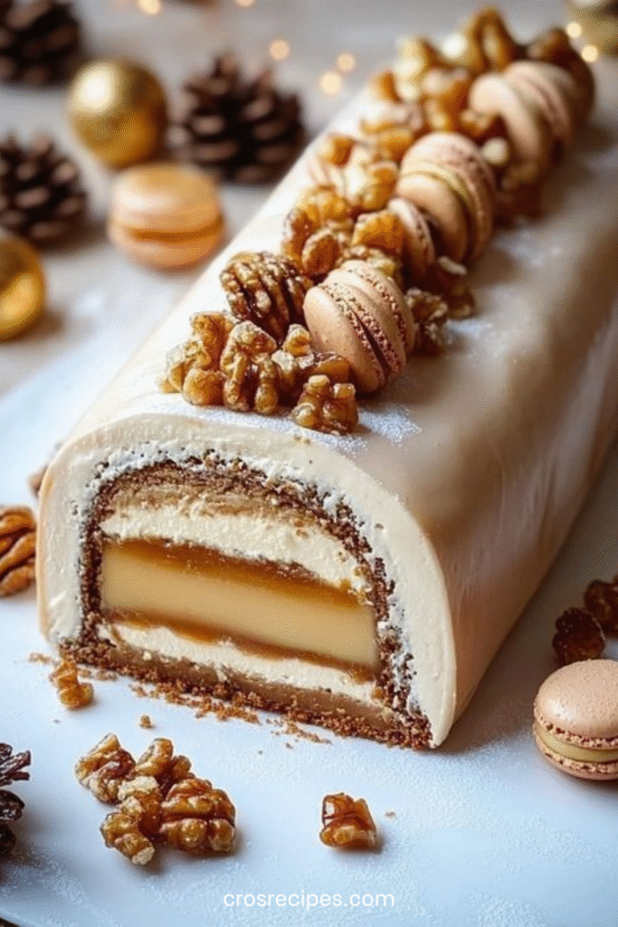 Bûche roulée vanille caramel décorée de noix de pécan et macarons, crème mascarpone lissée et sucre glace, dessert de Noël gourmand photographié en gros plan.