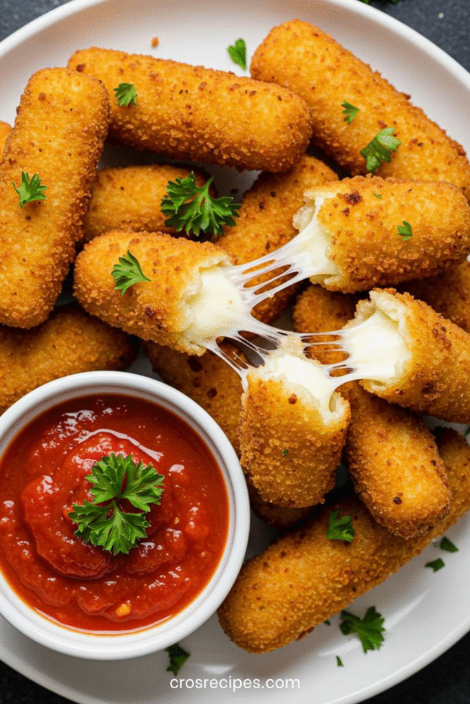 Bâtonnets de mozzarella dorés et croustillants avec intérieur fondant, servis avec sauce marinara.