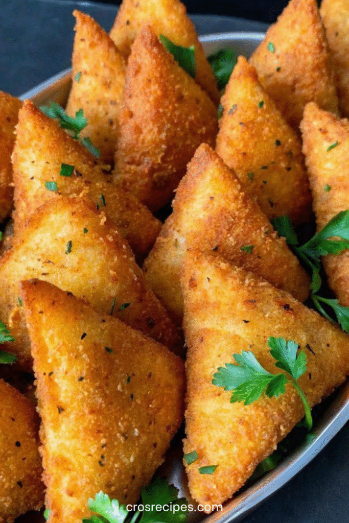 Samoussas dorés et croustillants farcis au fromage, servis avec sauce marinara ou chutney.