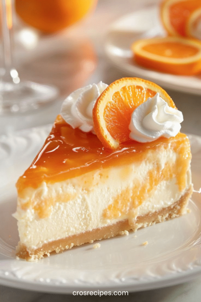 Cheesecake crémeux à l’orange avec base biscuitée et tranches d’orange fraîches sur le dessus.