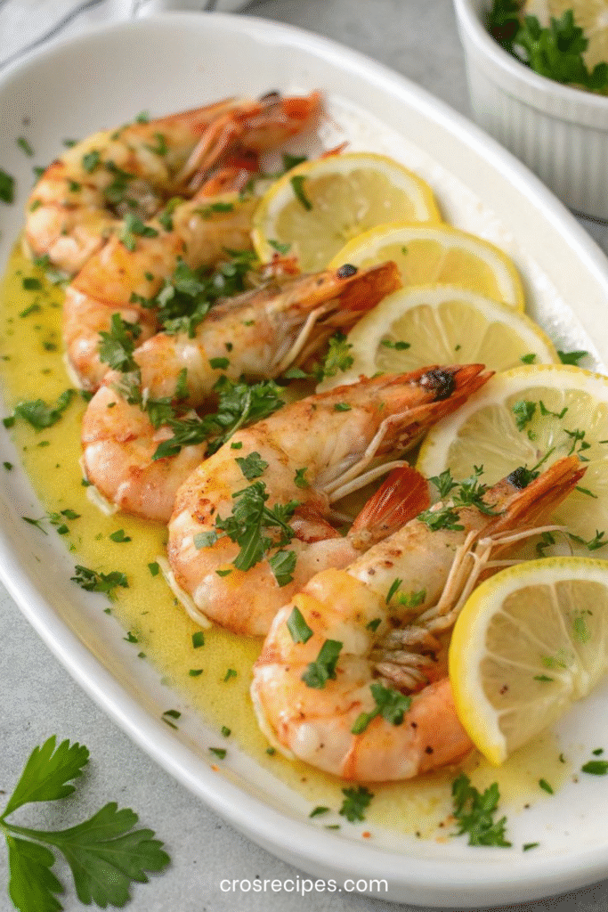 Crevettes à l’ail et au beurre citronné sautées, garnies de persil frais.