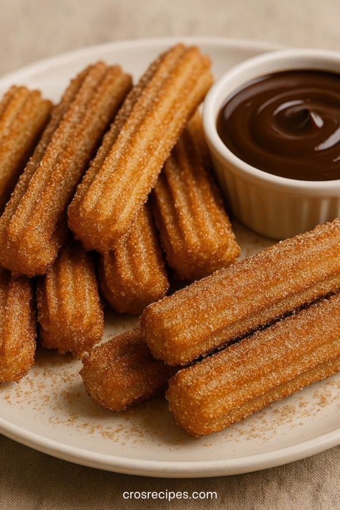 Churros maison dorés et croustillants roulés dans le sucre-cannelle avec sauce chocolat.