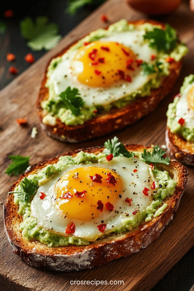 Avocado toast garni d’un œuf au plat coulant, herbes fraîches et piment.