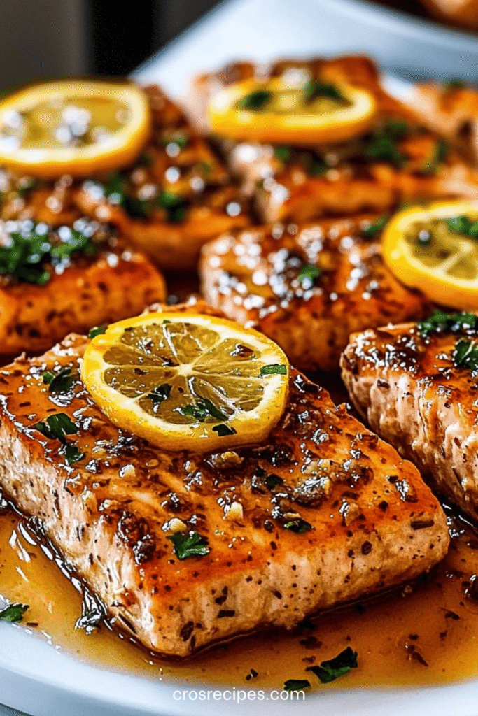 Saumon au beurre dorés nappés de sauce beurre citron ail, garnis de persil et citron frais.