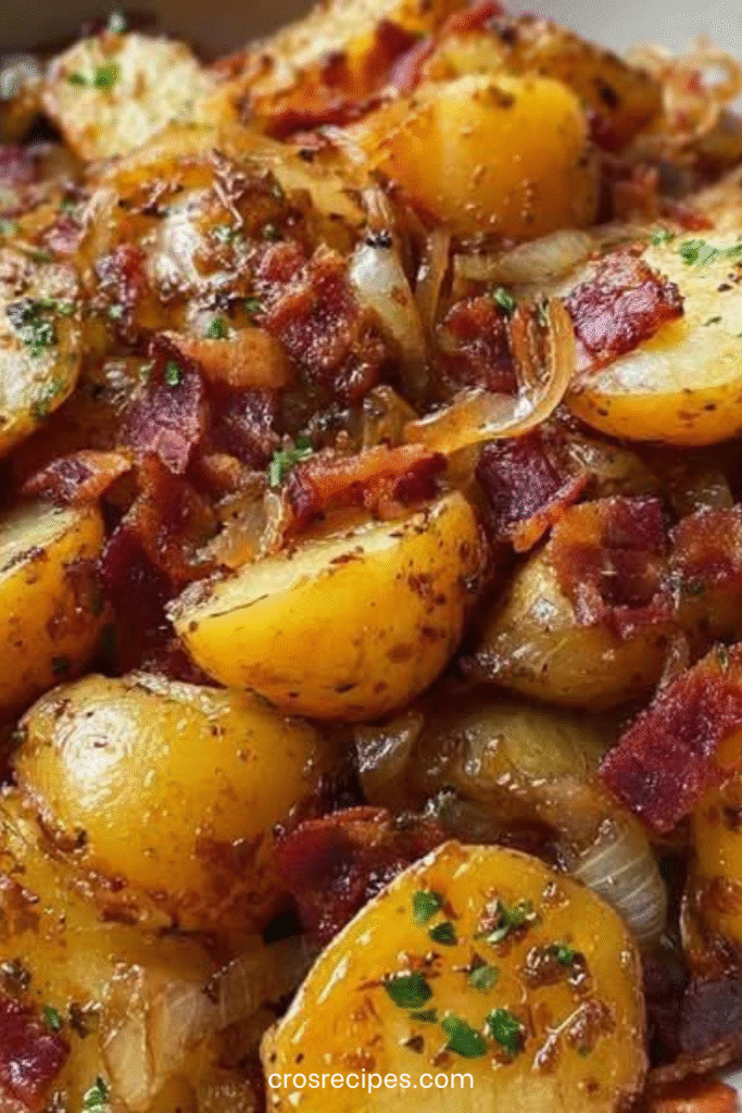 Pommes de terre sautées dorées avec oignons caramélisés et lardons croustillants, garnies d’herbes fraîches.