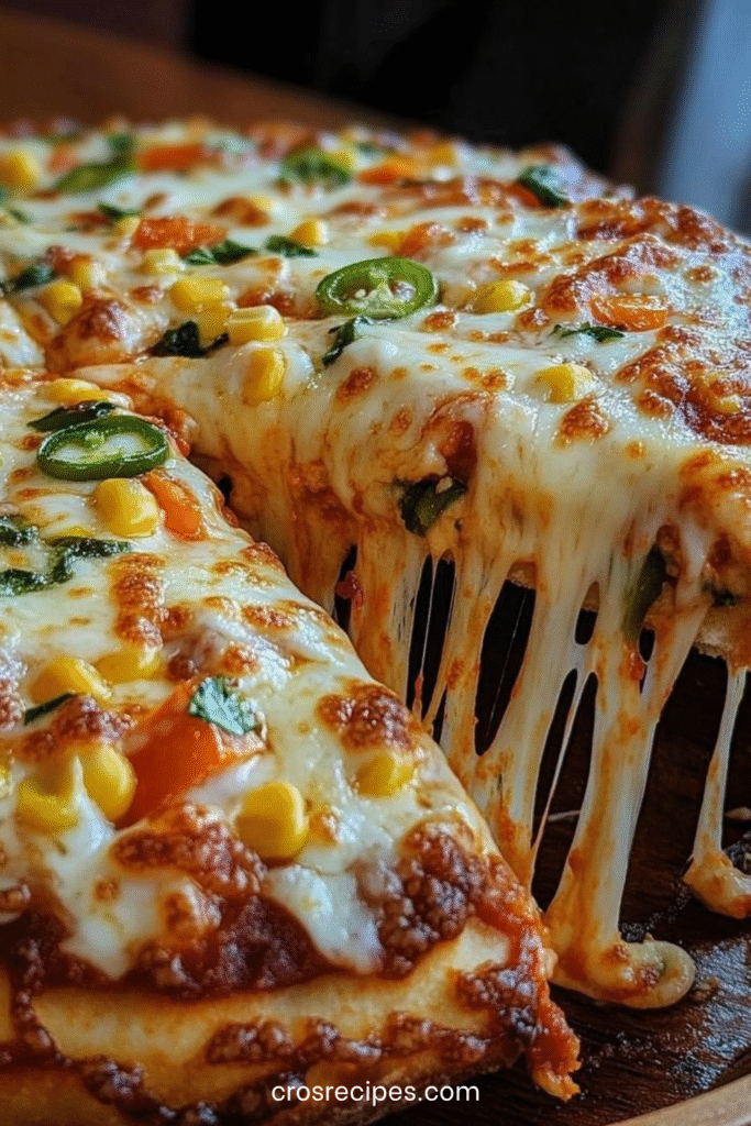 Pizza maison garnie de maïs, jalapeños tranchés, mozzarella fondante et herbes fraîches.