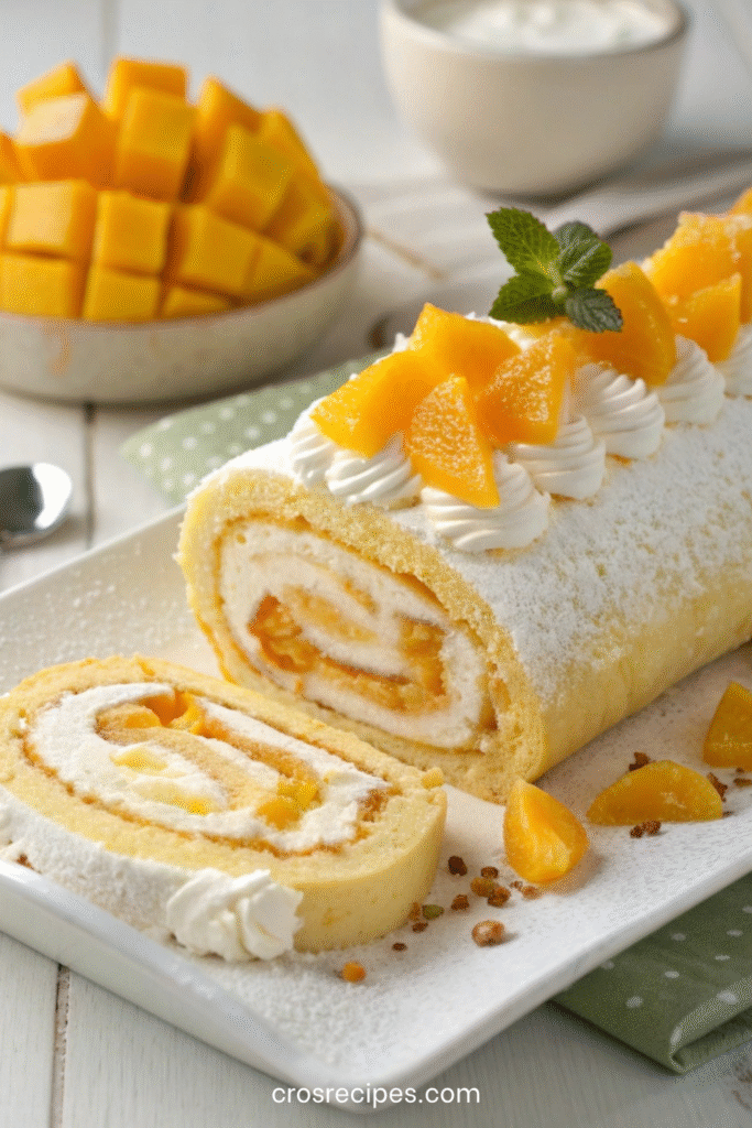 Gâteau roulé à la mangue garni d’une crème à la mangue et mascarpone, décoré de morceaux de mangue fraîche.