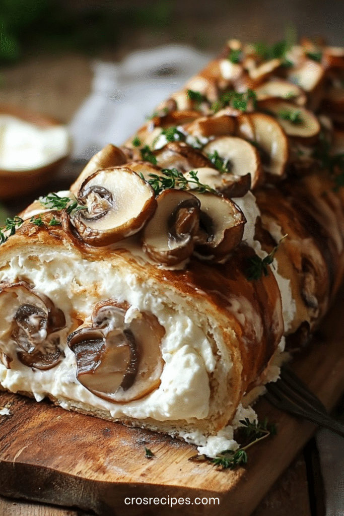 Bûche salée roulée garnie aux champignons et mascarpone, décorée d’herbes fraîches.