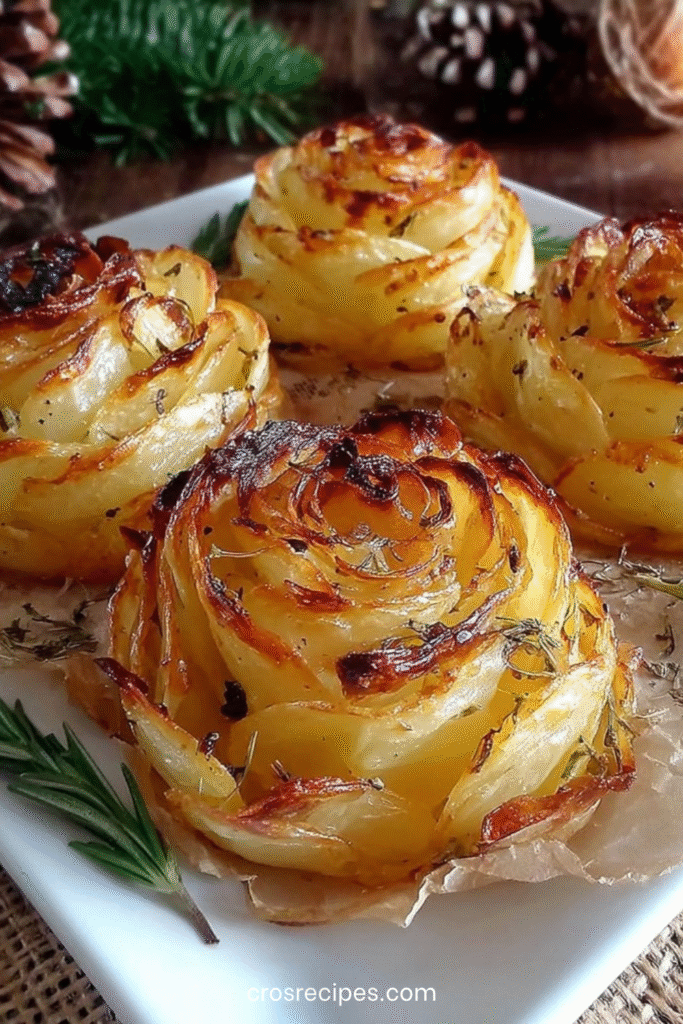 Roses de pommes de terre dorées et croustillantes dans un moule à muffins, formées de fines tranches superposées.