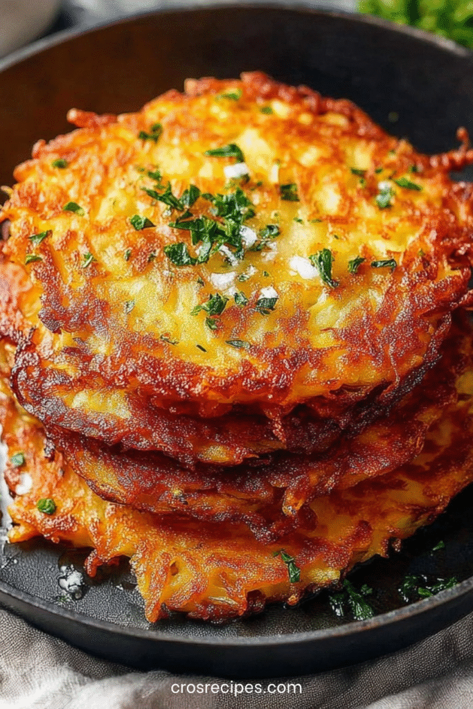 Galettes de pommes de terre dorées et croustillantes servies chaudes avec une texture fondante et une croûte bien grillée.