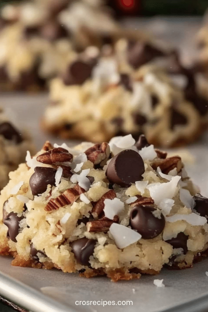 Biscuits de Noël moelleux à la noix de coco, chocolat et noix de pécan dorés sur une plaque.
