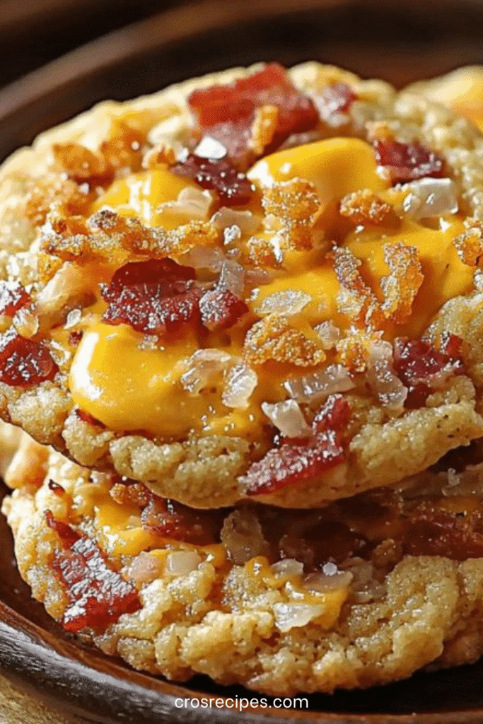 Cookies salés dorés au bacon, cheddar et oignons frits posés sur une grille de refroidissement.