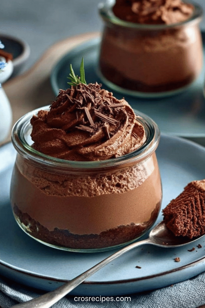 Verrines de mousse au chocolat express garnies de copeaux de chocolat sur un fond de biscuits croustillants.