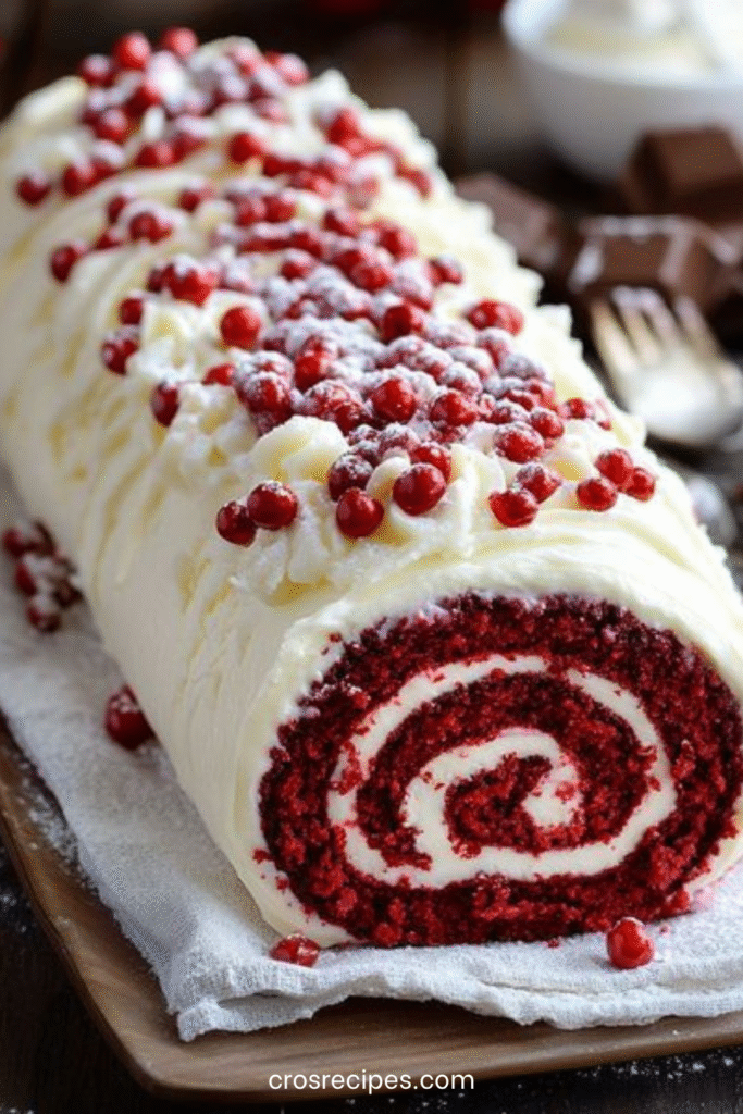 Bûche de Noël Red Velvet roulée, glacée au fromage à la crème et décorée de framboises et fruits rouges avec sucre glace façon neige.