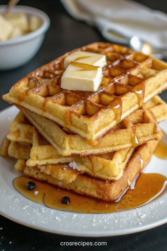 Assiette de gaufres dorées et croustillantes empilées, servies avec du beurre fondant et du sirop d’érable qui coule sur les carrés.