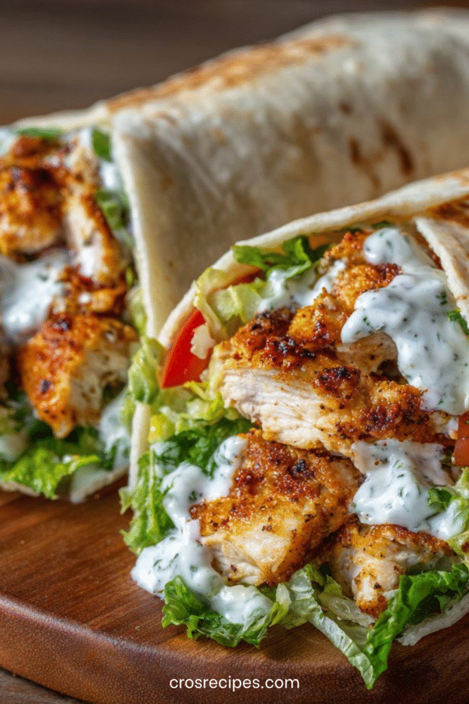 Wraps au poulet coupés en deux, garnis de laitue croquante, tomates et sauce yaourt crémeuse, servis sur une assiette avec quelques feuilles de salade.