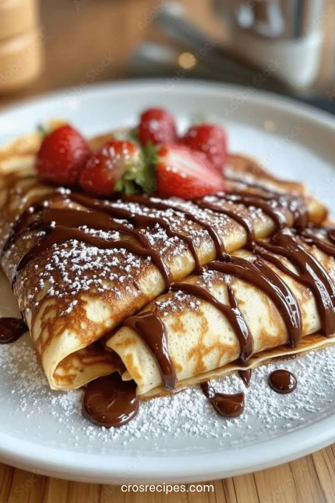 Assiette de crêpes pliées en quartiers, garnies de sauce au chocolat et de fraises fraîches tranchées, saupoudrées de sucre glace.