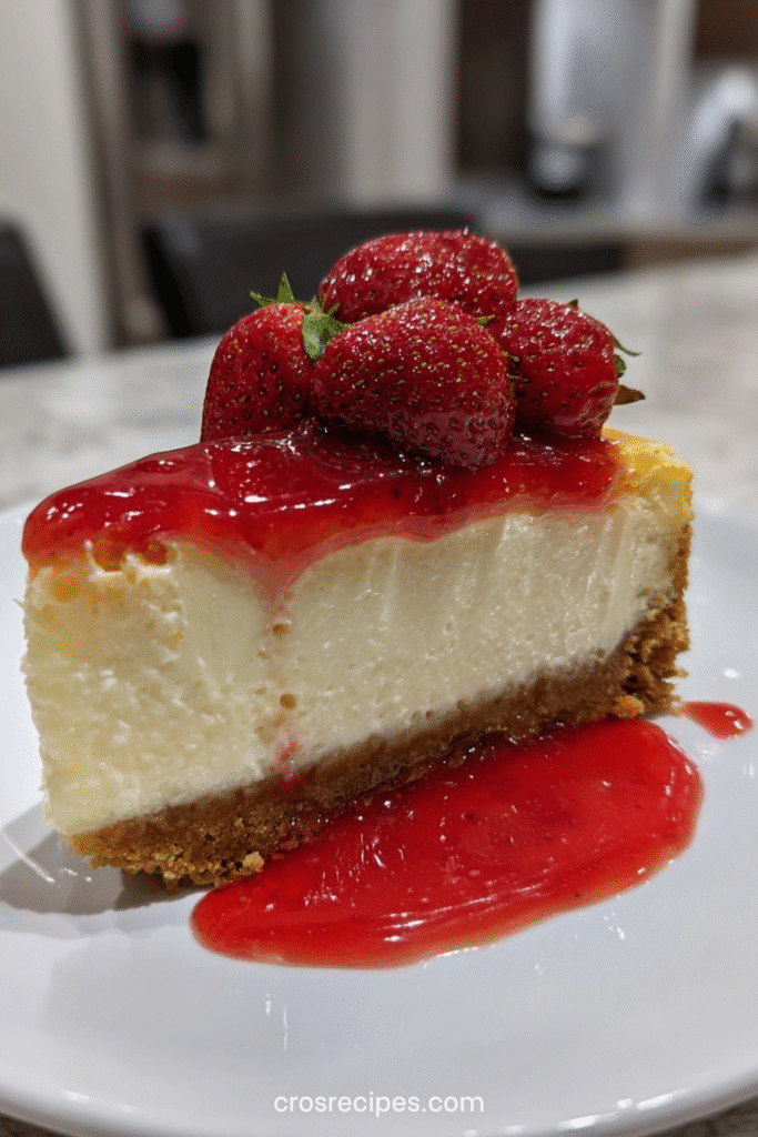 Cheesecake crémeux sur base biscuitée, nappé de coulis de fraises et décoré de fraises fraîches.