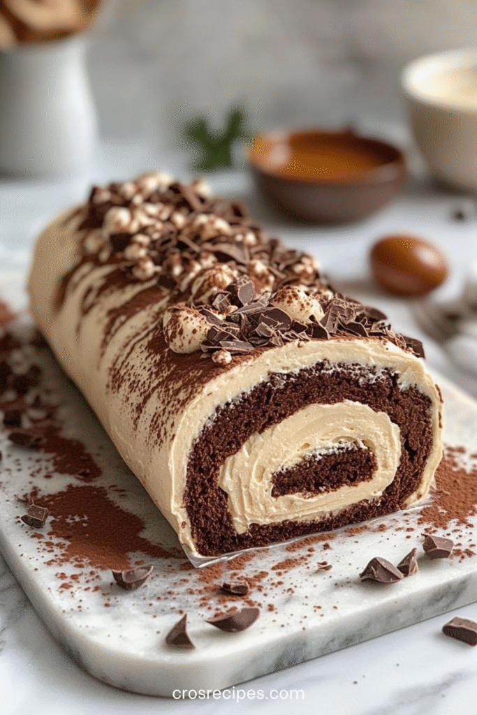 Gâteau roulé au chocolat garni de crème mascarpone, décoré de brisures de chocolat et de noisettes concassées sur un plat de service.