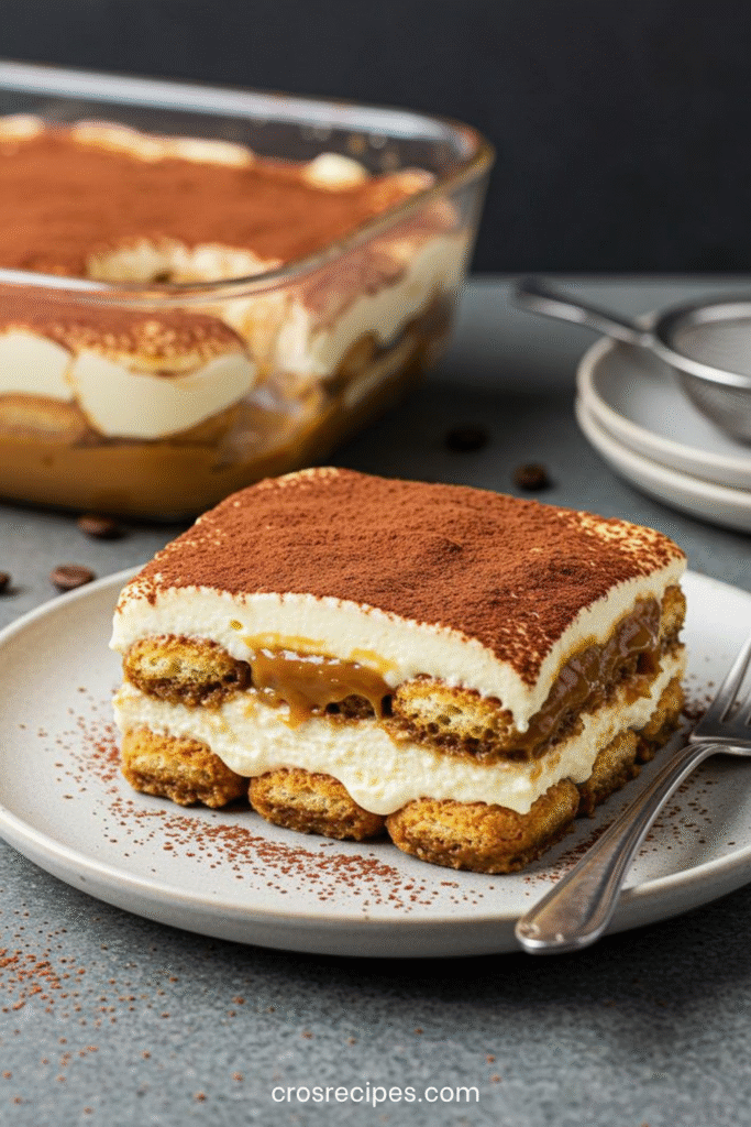 Verrine de tiramisu au caramel dulce de leche, en couches de biscuits imbibés de café, crème mascarpone et caramel, saupoudrée de cacao.