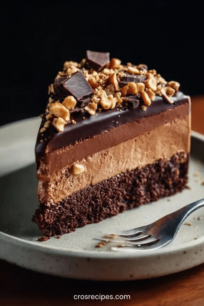 Gâteau mousse chocolat et cacahuètes sur base biscuitée croquante, nappé de ganache brillante et décoré de fruits secs concassés.