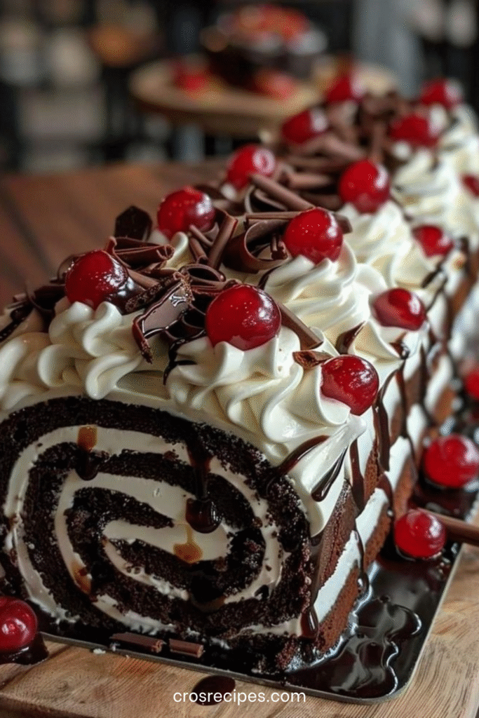 Bûche roulée Forêt-Noire au chocolat, crème mascarpone et cerises, façon gâteau roulé élégant avec copeaux de chocolat, sirop parfumé et décor aux cerises pour Noël.