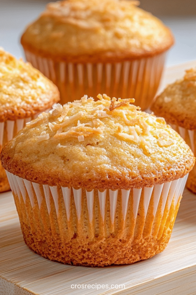 Muffins à la noix de coco ultra moelleux, dorés au four et saupoudrés de coco râpée sur le dessus.