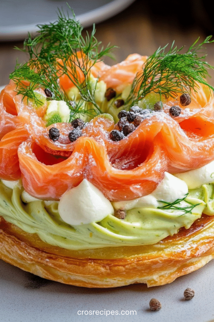 Paris-Brest salé garni de crème d’avocat citronnée, saumon fumé, fromage frais et aneth, dressé en entrée raffinée.