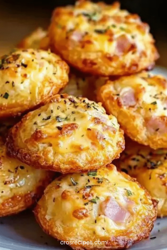 Assiette de cookies salés dorés au parmesan et jambon, disposés pour l’apéritif sur une planche en bois avec un petit bol de sauce.
