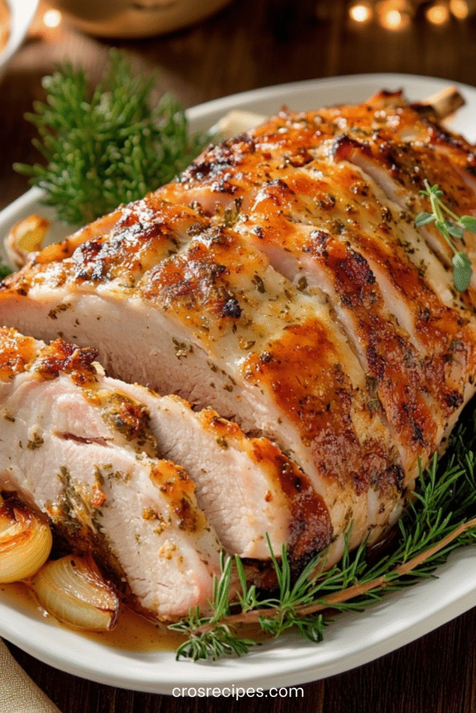 Jambon rôti au miel et moutarde, doré et caramélisé, tranché dans un plat avec oignons rôtis.