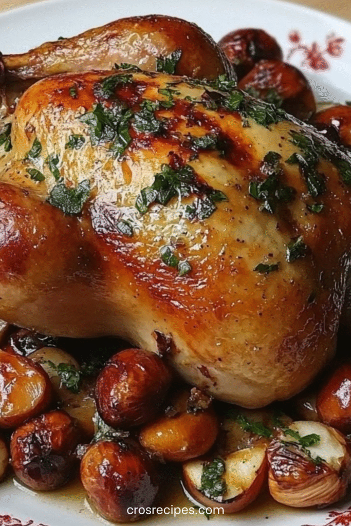 Chapon rôti doré entouré de marrons et quartiers de pommes, nappé de jus, servi dans un grand plat de fête.