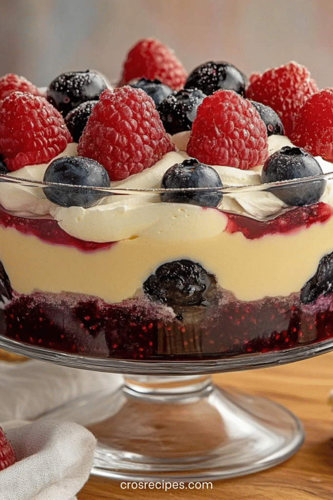 Verrine de trifle aux fruits rouges avec couches de génoise, coulis, crème vanille et chantilly, décorée de framboises et myrtilles fraîches.