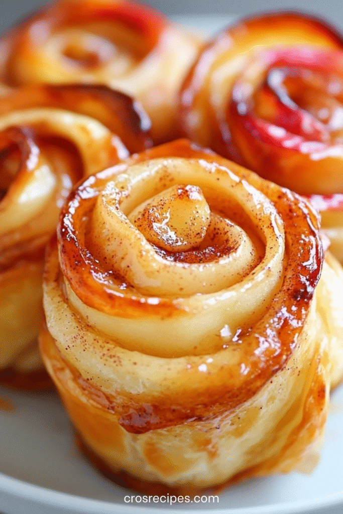 Roses feuilletées dorées aux pommes et à la cannelle dans un moule à muffins, saupoudrées de sucre glace.