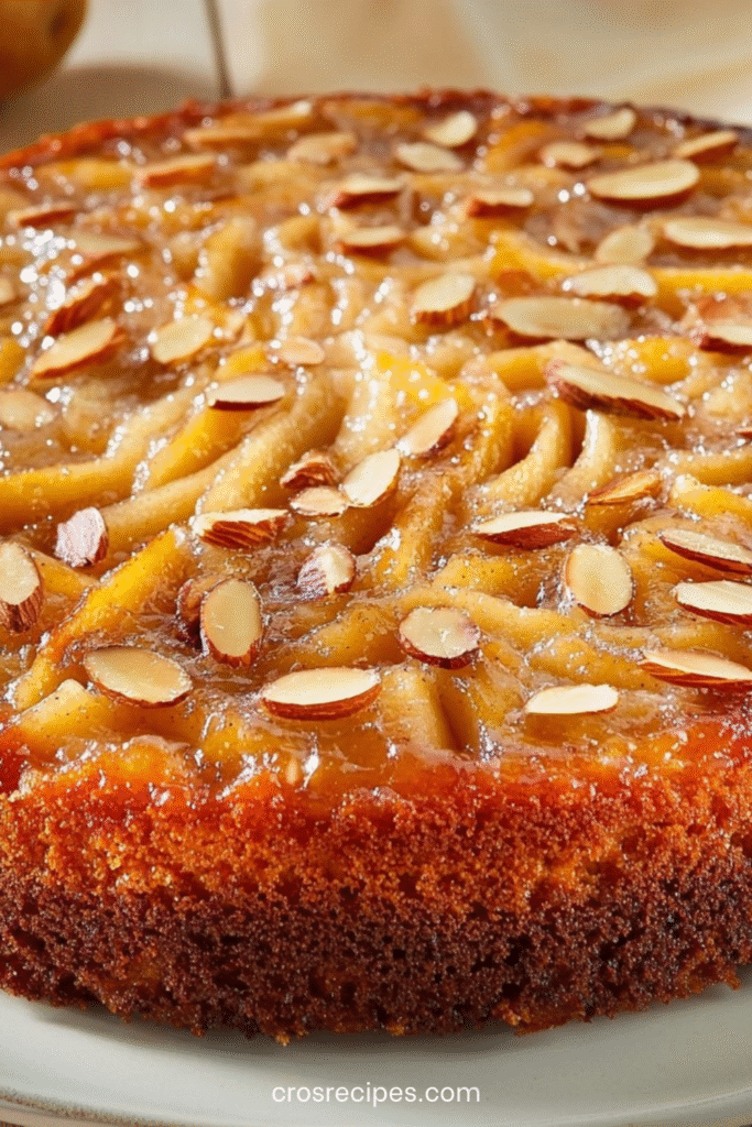 Gâteau renversé aux poires caramélisées et amandes effilées, doré, servi sur un plat.