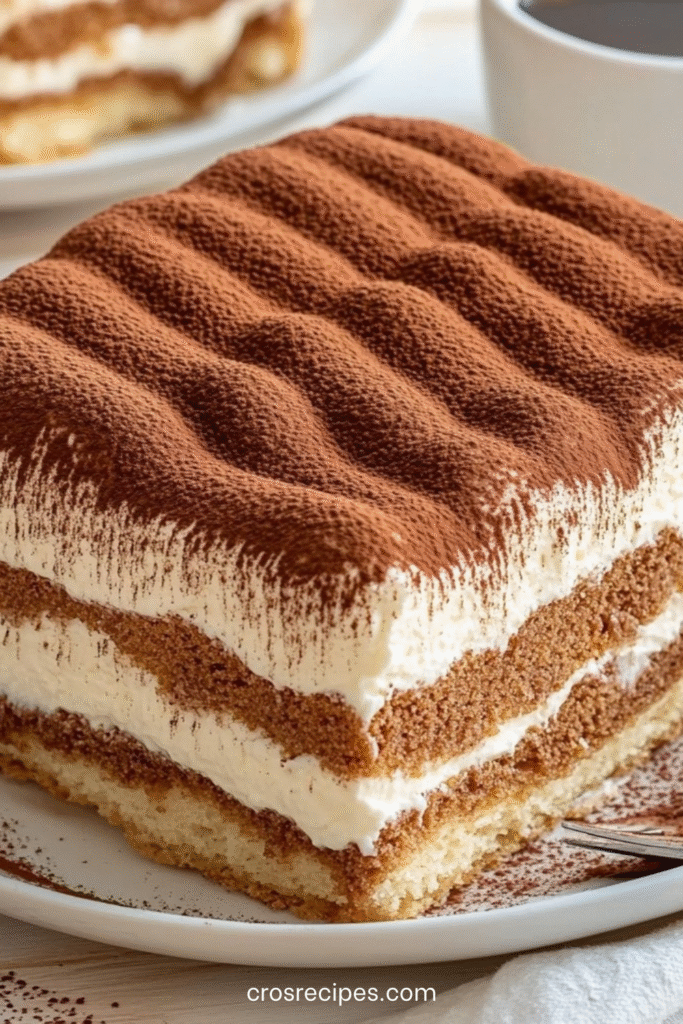Tiramisu classique crémeux au mascarpone, en plat familial, saupoudré de cacao.