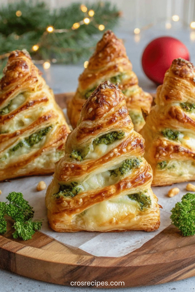 Petits sapins feuilletés dorés garnis de brocoli, pesto et mozzarella fondante, disposés sur une plaque de service pour l’apéritif.