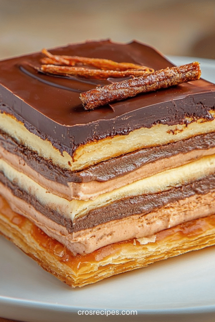 Mille-feuille au chocolat et crème pralinée composé de couches de pâte feuilletée dorée, crème pralinée et ganache au chocolat, décoré de copeaux de chocolat.